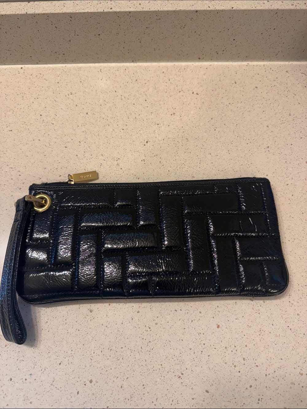 HOBO Black Quilted Patent Leather Wristlet Clutch with Gold Accent